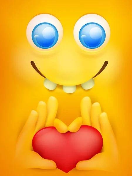 Yellow smiley emticon personaggio dei cartoni animati con il cuore in mano — Vettoriale Stock