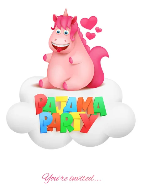 Tarjeta de invitación de fiesta de pijama con lindo personaje de unicornio de dibujos animados — Vector de stock