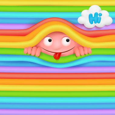 Pembe komik emoji canavar karakter gökkuşağı duvardan bakan.