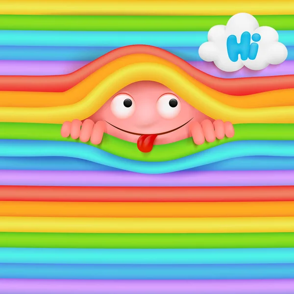 Różowy śmieszne emoji postaci potwora, patrząc z rainbow wall. — Wektor stockowy