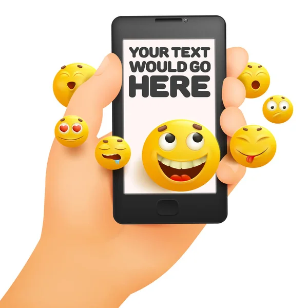 Emoji heureux design souriant avec téléphone portable à la main — Image vectorielle