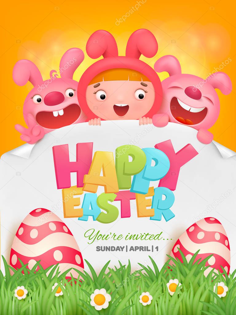 Happy easter template with girl and two pink rabbits