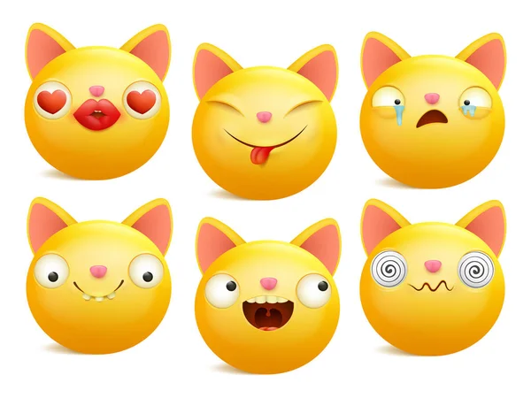 Conjunto de personagens de gato emoji desenhos animados amarelos em emoções diferentes — Vetor de Stock
