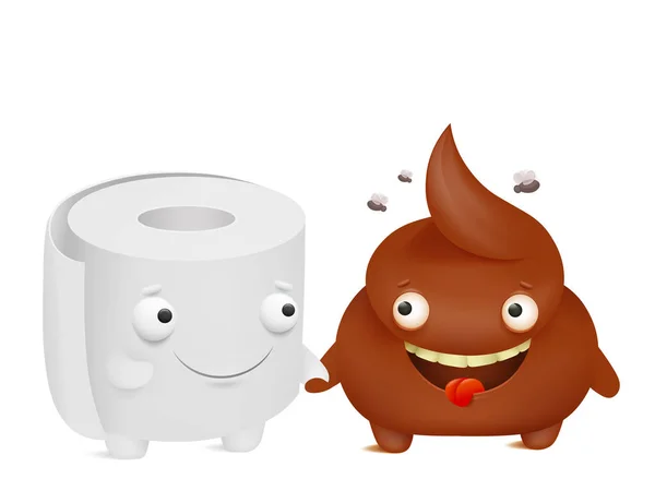 Toilettenpapier und Poop-Cartoon-Emoji-Figuren beste Freunde — Stockvektor