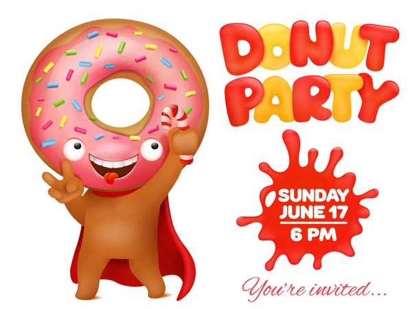 Donut fiesta invitación tarjeta con divertido personaje emoticono de dibujos animados — Vector de stock