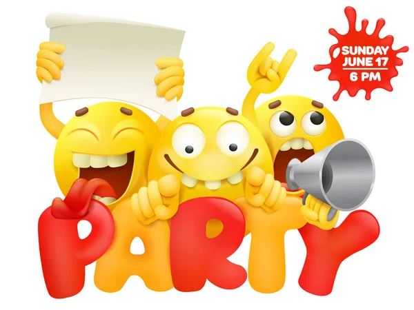 Plantilla de tarjeta de invitación de fiesta con tres personajes emoji — Archivo Imágenes Vectoriales
