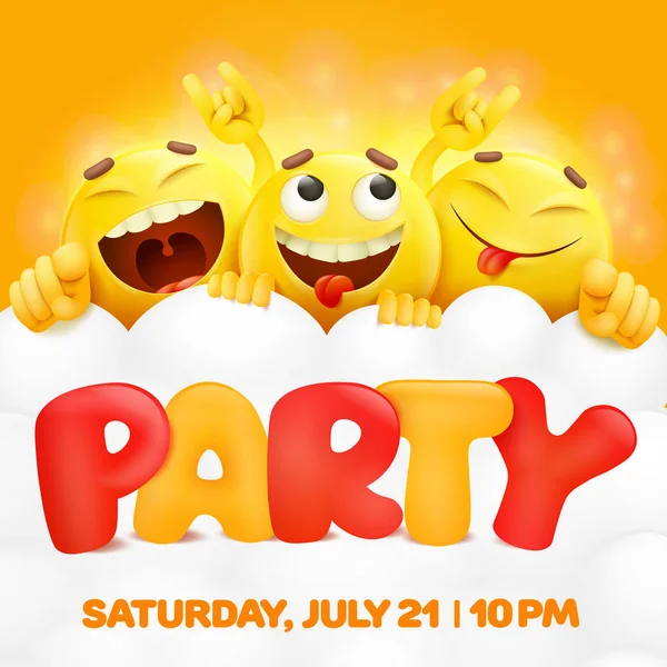 Templat kartu undangan partai dengan tiga karakter emoji - Stok Vektor