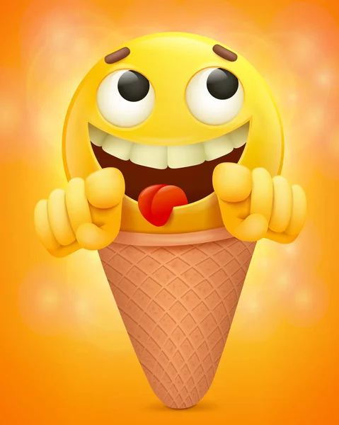 Cara Emoticono Sonriente Amarilla Cono Helado Ilustración Vectorial — Archivo Imágenes Vectoriales