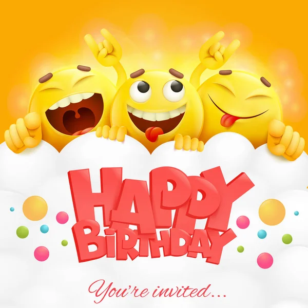 Κίτρινο Smiley Αντιμετωπίζει Χαρακτήρες Emoji Χαρούμενα Γενέθλια Κάρτα Ρεαλιστική Διανυσματικά — Διανυσματικό Αρχείο