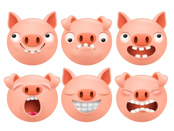 Conjunto Ícones Personagem Porco Emoji Desenhos Animados Ilustração Vetorial —  Vetores de Stock