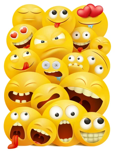 Smiley Enfrenta Grupo Personajes Emoticones Vectoriales Con Expresiones Faciales Divertidas — Vector de stock