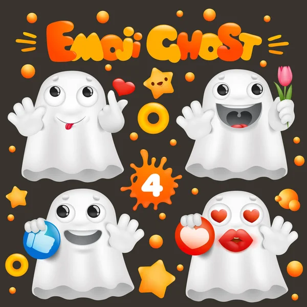 Fantasma bonito desenho animado emoji personagem 3d em várias emoções coleção — Vetor de Stock