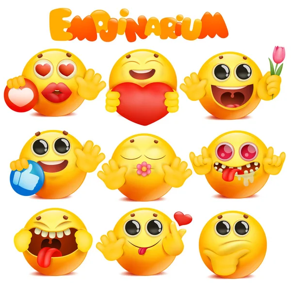 Geel cartoon emoji ronde gezicht karakter grote collectie — Stockvector