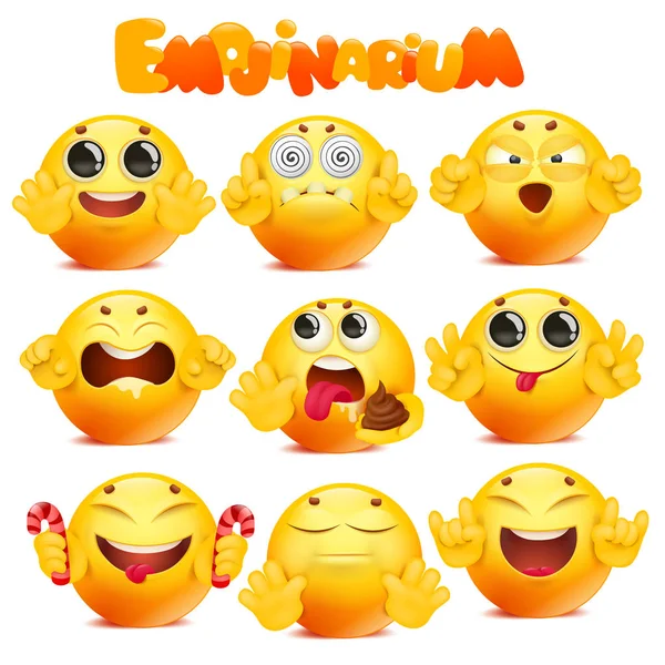 Yellow cartoon emoji round face character big collection — 스톡 벡터