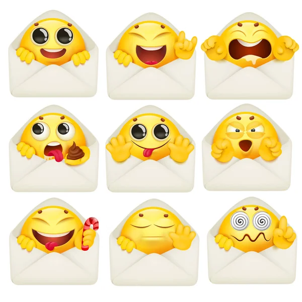 Amarelo personagem emoji desenhos animados dentro envelope grande coleção — Vetor de Stock