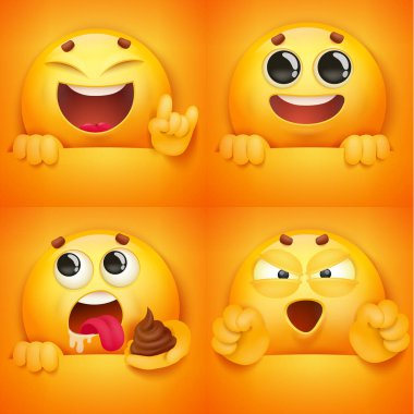 Çeşitli duygu ve durumlardaki gülen surat emoji karakterleri.