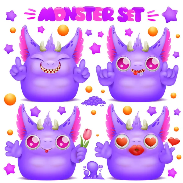Cute fioletowy emotikony postać z kreskówek potwór w różnych emocjach — Wektor stockowy