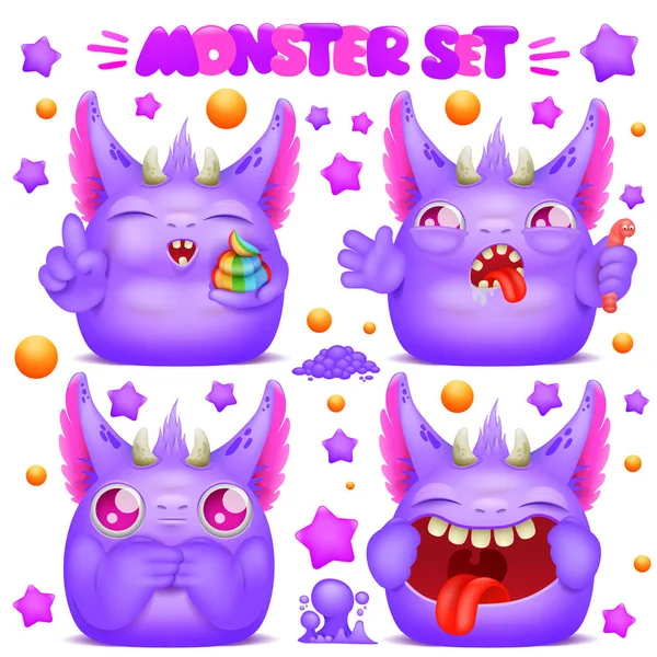 Bonito roxo emoji personagem monstro dos desenhos animados em várias emoções —  Vetores de Stock