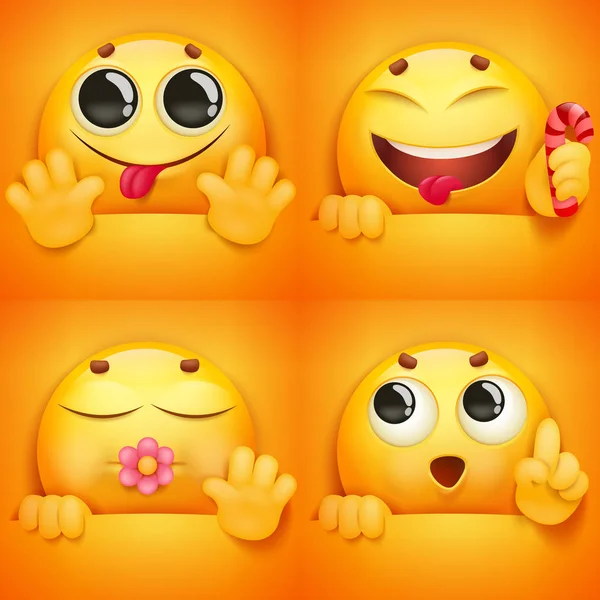 Set di faccine gialle sorridenti con personaggi emoji in varie emozioni e situazioni — Vettoriale Stock