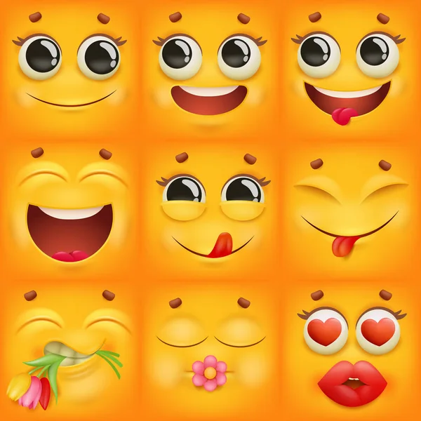 Caricatures jaunes emoji personnages icônes carrés réglés dans diverses émotions . — Image vectorielle