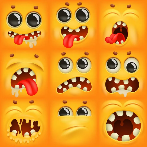 Sarı çizgi film emoji karakterlerinin kare simgeleri çeşitli duygularda ayarlandı. — Stok Vektör