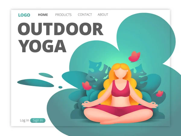 Sitio web de yoga al aire libre en estilo de dibujos animados. Plantilla de página de destino . — Vector de stock