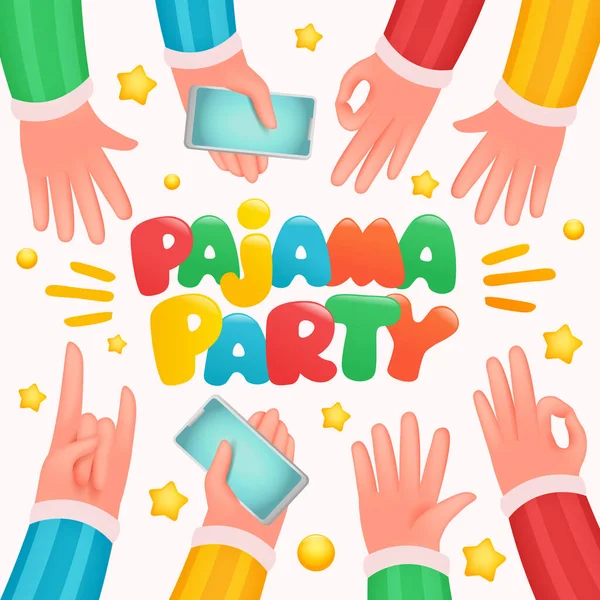 Pyjama Party Hände für die Feier Design. schlummern Party Einladungskarte Vorlage. — Stockvektor
