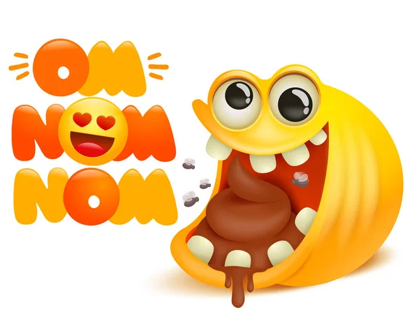 Om nom nom comic cartoon card. Yellow smile emoji character eating poop — Stock Vector