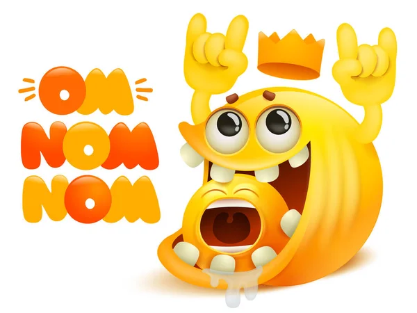 Om nom nom comic cartoon card. Žlutý úsměv emoji charakter jíst další — Stockový vektor