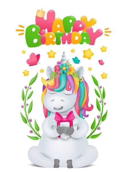 Cute rainbow cartoon unicorn character with gift box in hands. Birthday card template. — Διανυσματικό Αρχείο