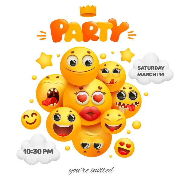 Party invitation card template with group of emoji characters. — Stock Vector