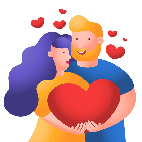 Um casal de homens e mulheres com um grande coração vermelho. Pessoas apaixonadas. Personagem de desenhos animados casal romântico. Lua de mel pessoas casadas . —  Vetores de Stock