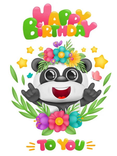 花のフレームの中で漫画のパンダカワイイキャラクターと幸せな誕生日カード — ストックベクタ