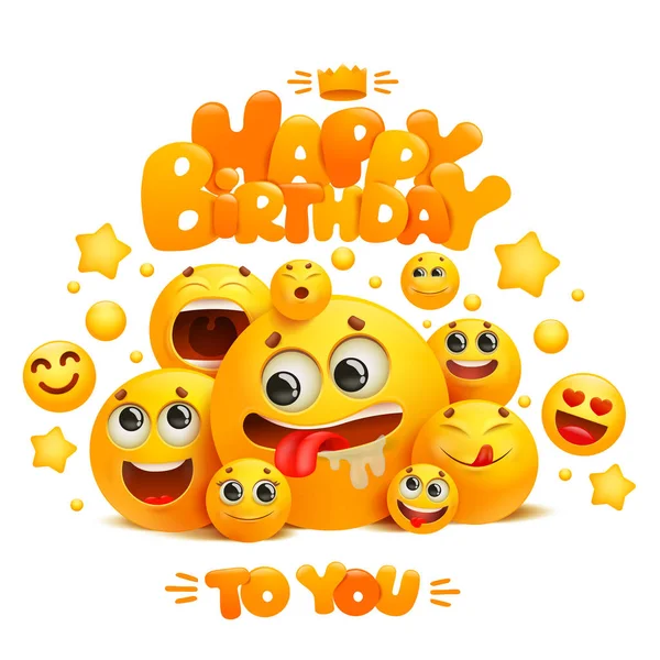 Modelo Cartão Felicitações Aniversário Feliz Com Grupo Emoji Desenhos Animados — Vetor de Stock