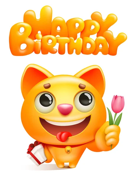 Yellow Cat Cartoon Character Gift Box Tulip Flower Happy Birthday — Stock Vector