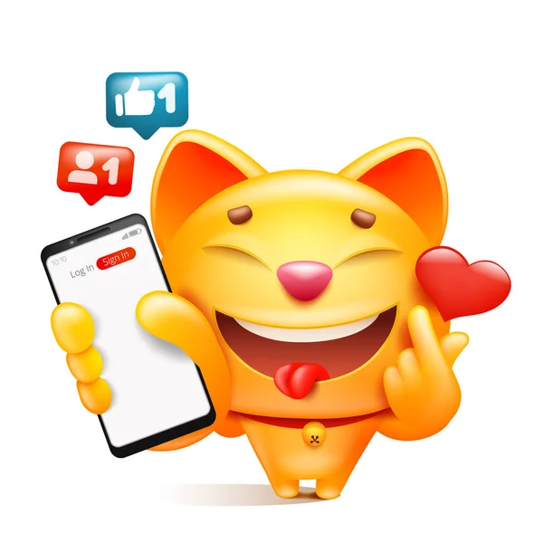 Yellow Cat Cartoon Character Phone Hand Making Pop Sign Vector — Stock Vector