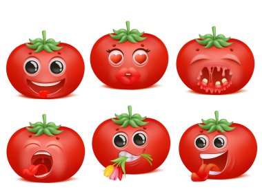 Domates emoji çizgi film karakteri seti. Çeşitli duygular. Komik, aşk, romantik, acı taşıyıcı koleksiyonu