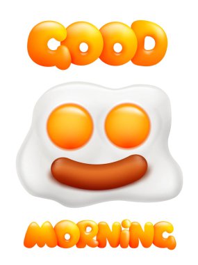 Kızarmış yumurta ve sosis. Gülümseyen yüz şekli. Günaydın, karikatür tarzında 3D konsept kart. Vektör illüstrasyonu