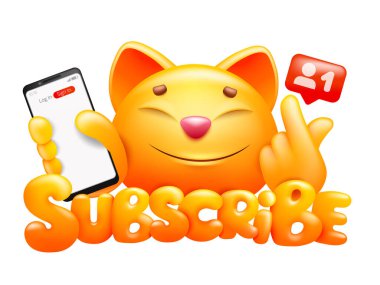Komik sarı kedi karakterli abone tuşu akıllı telefonlu K-pop jest işareti yapıyor. Vektör illüstrasyonu