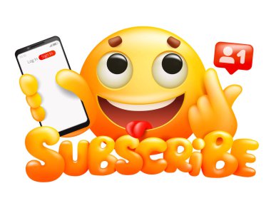 Sarı çizgi film simgesi, gülümseme karakteri ve akıllı telefonlu abone tuşu. Vektör illüstrasyonu