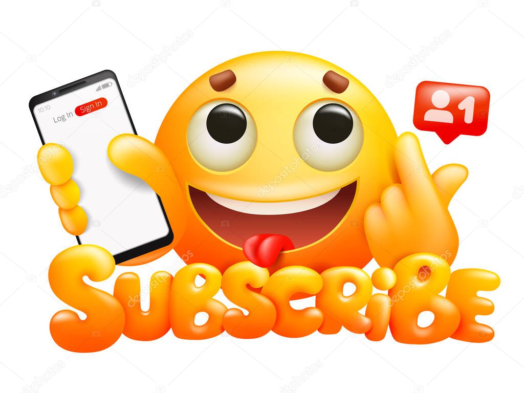 Subscribe button with yellow cartoon emoticon smile character and smartphone. Vector illustration