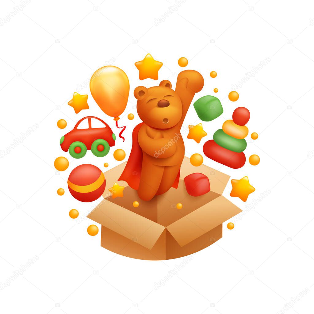 Decorative kids toys composition. Logo concept. Flying teddy bear, car, balloon, ball, pyramid, brown box. Vector illustration in cartoon style