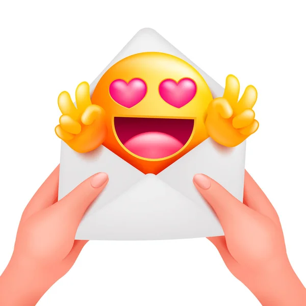 Romantic Message Yellow Emoji Cartoon Character Love Envelope Female Hands — Stock Vector