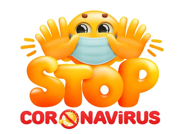 Stoppt Das Coronavirus 2019 Ncov Awareness Schriftzug Emoticon Gelbe Zeichentrickfigur — Stockvektor