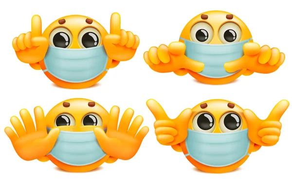 Beyaz tıbbi maskeli sarı yuvarlak emoji karakterleri. Çizgi film koleksiyonu. Vektör illüstrasyonu