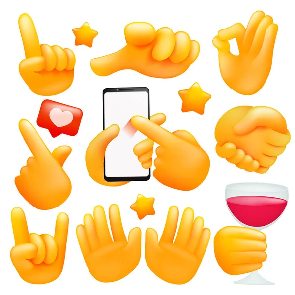 Şarap kadehli çeşitli emoji sarı el simgeleri, akıllı telefon farklı jestleri. Üç boyutlu karikatür tarzı. Vektör illüstrasyonu