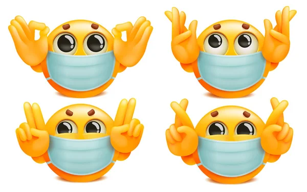 Uppsättning Gula Emoj Seriefigurer Medicinsk Mask Olika Gester Vektorillustration — Stock vektor