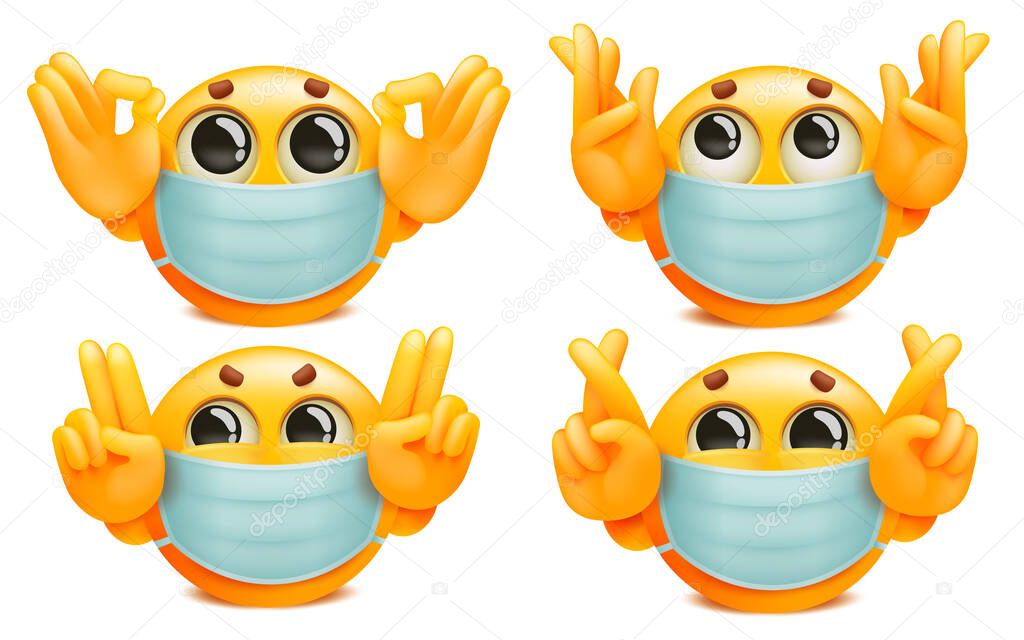 Set of yellow emoj cartoon characters in medical mask. Various gestures. Vector illustration