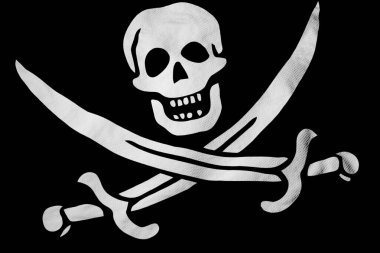 Jolly Roger bayrağını 3 boyutlu olarak sallarken tam kare yakın çekim.
