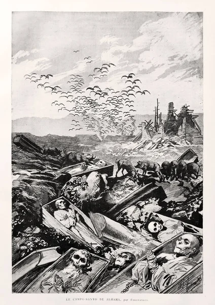 Ilustración Varios Ataúdes Desenterrados Tras Terremoto Andaluz Del Diciembre 1884 —  Fotos de Stock
